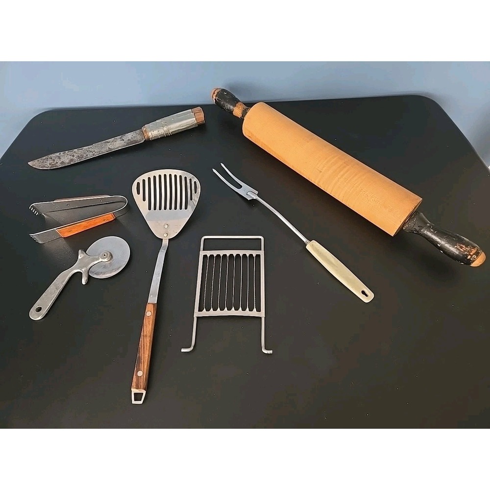Lot Of 7 Vintage Antique Kitchen Utensils Farmhouse Rustic Primitive Wood Stainl